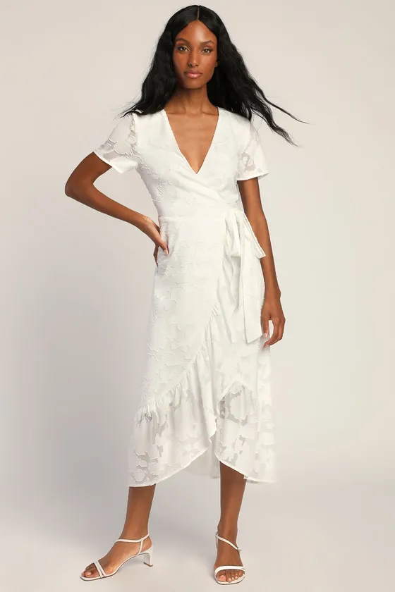Blissfully White Jacquard Short Sleeve Wrap Midi Dress sold by Lulus