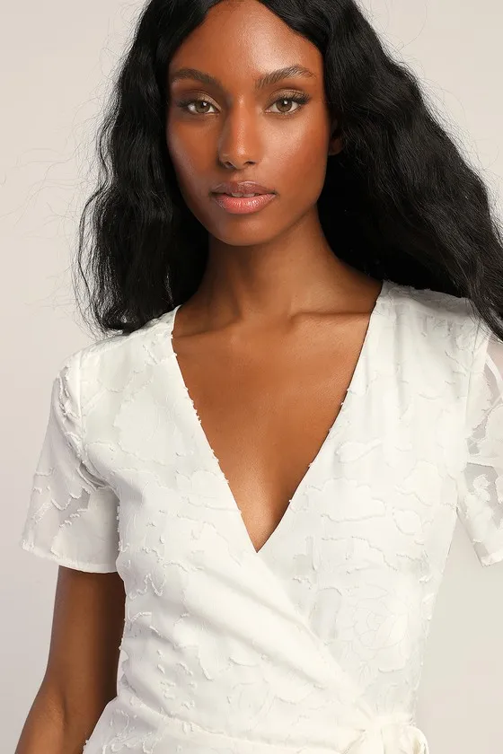 Blissfully White Jacquard Short Sleeve Wrap Midi Dress sold by Lulus product image thumbnail 2