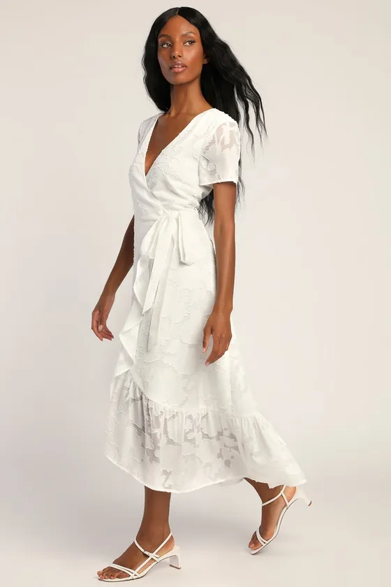 Blissfully White Jacquard Short Sleeve Wrap Midi Dress sold by Lulus product image thumbnail 3