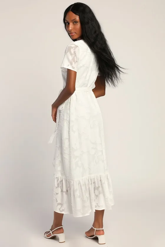 Blissfully White Jacquard Short Sleeve Wrap Midi Dress sold by Lulus product image thumbnail 4