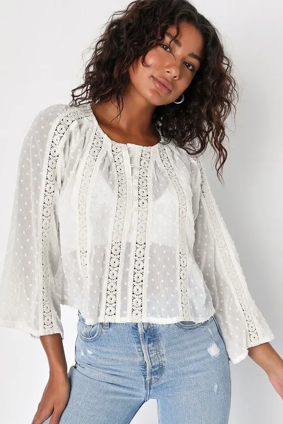 Sheer Charm Ivory Lace Swiss Dot Three-Quarter Sleeve Top sold by Lulus