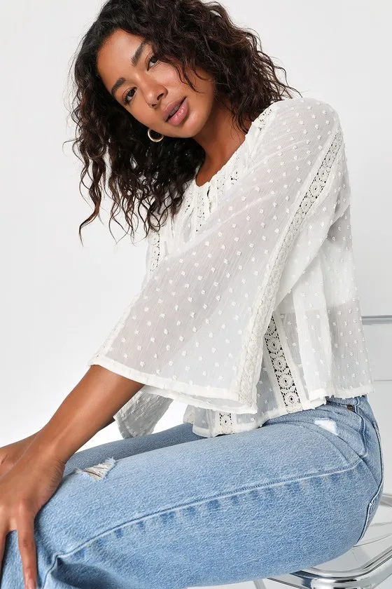 Sheer Charm Ivory Lace Swiss Dot Three-Quarter Sleeve Top sold by Lulus product image thumbnail 2