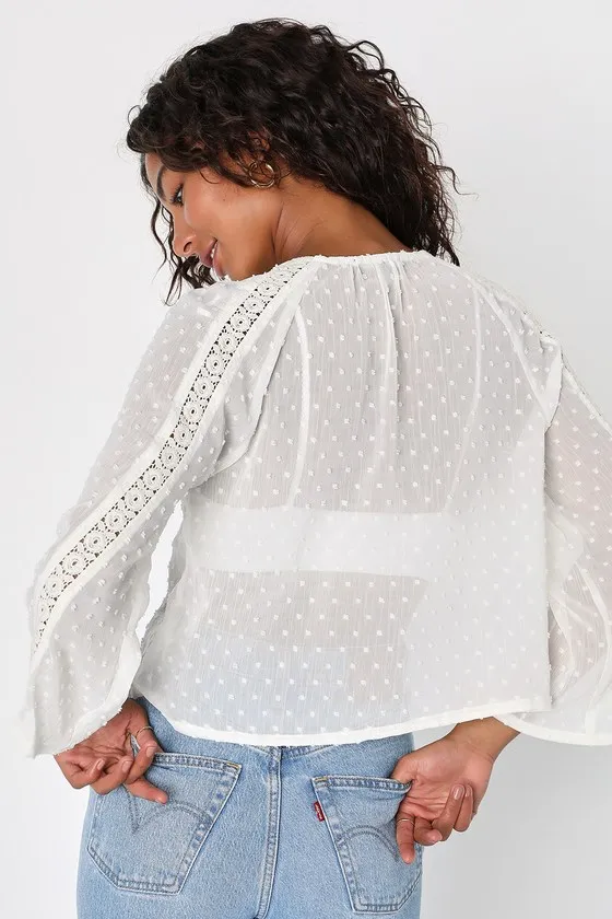 Sheer Charm Ivory Lace Swiss Dot Three-Quarter Sleeve Top sold by Lulus product image thumbnail 3