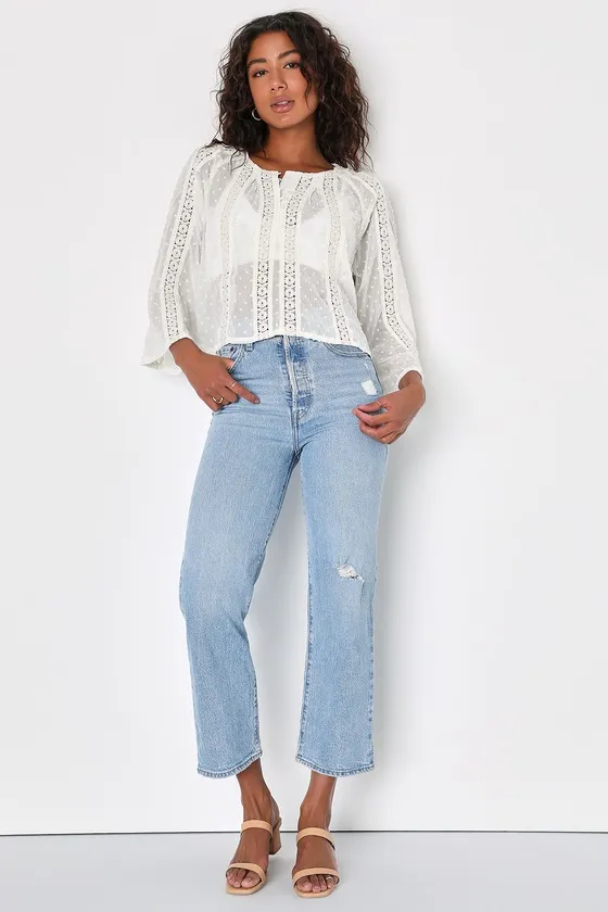 Sheer Charm Ivory Lace Swiss Dot Three-Quarter Sleeve Top sold by Lulus product image thumbnail 4