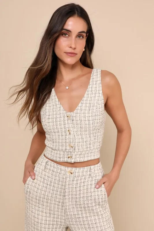 Posh Perception Ivory and Black Plaid Tweed Cropped Button Top sold by Lulus