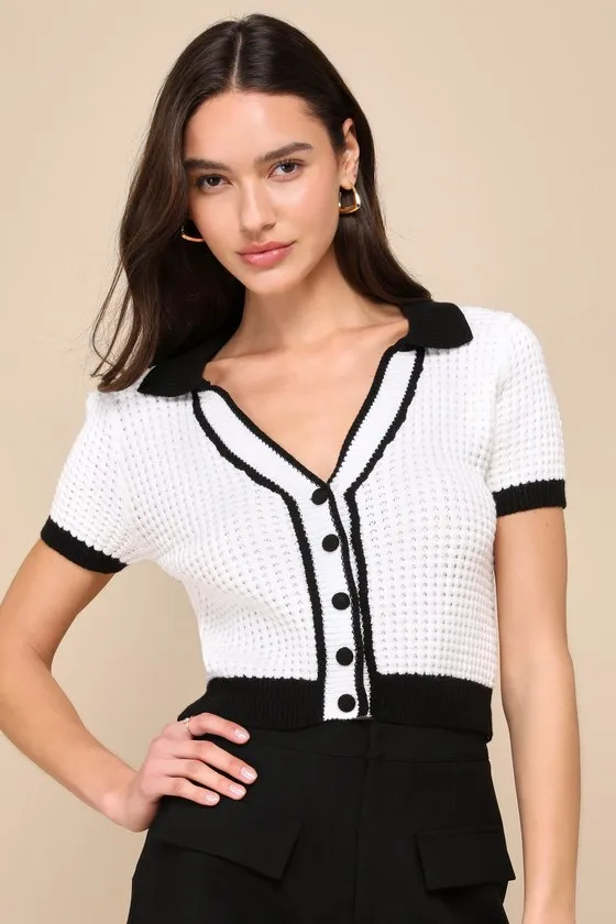 Poised Achievement Ivory and Black Short Sleeve Collared Sweater sold by Lulus
