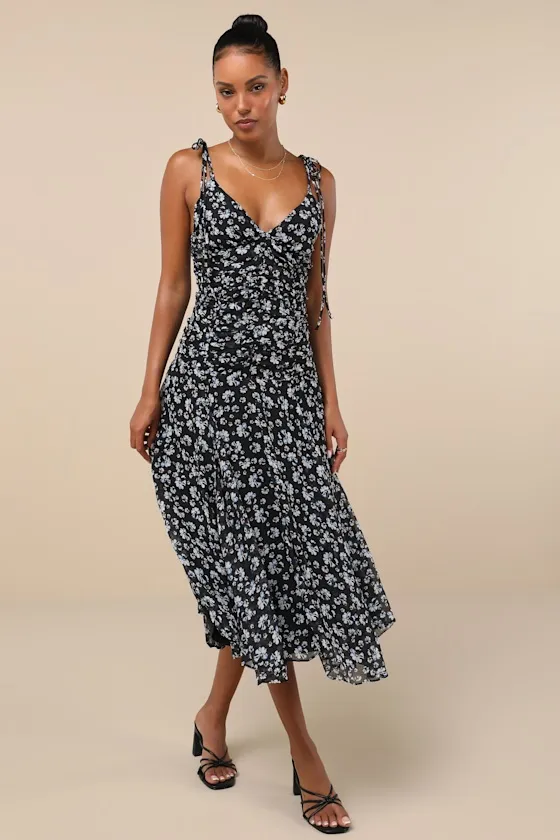 Charming Invitation Black Floral Tie-Strap Drop Waist Midi Dress sold by Lulus