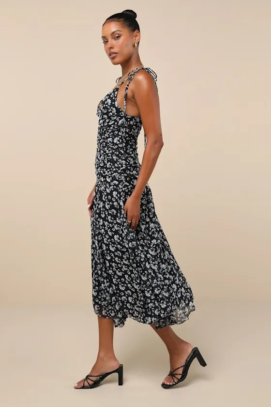 Charming Invitation Black Floral Tie-Strap Drop Waist Midi Dress sold by Lulus product image thumbnail 2