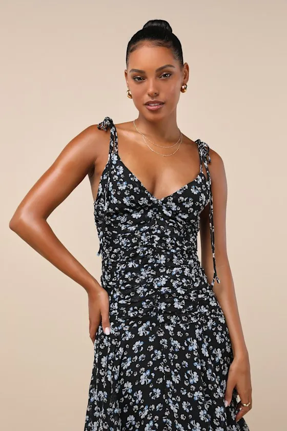 Charming Invitation Black Floral Tie-Strap Drop Waist Midi Dress sold by Lulus product image thumbnail 4