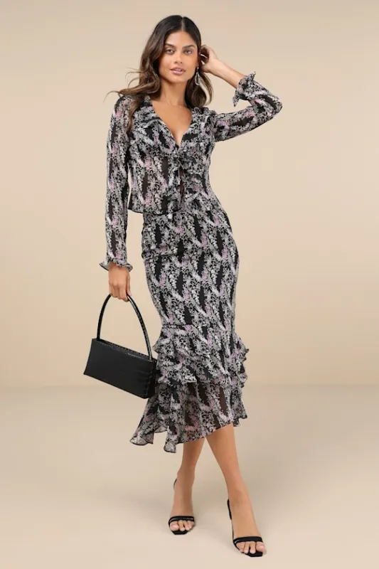 Anai Black Floral Print High-Rise Tiered Asymmetrical Midi Skirt made by En Saison