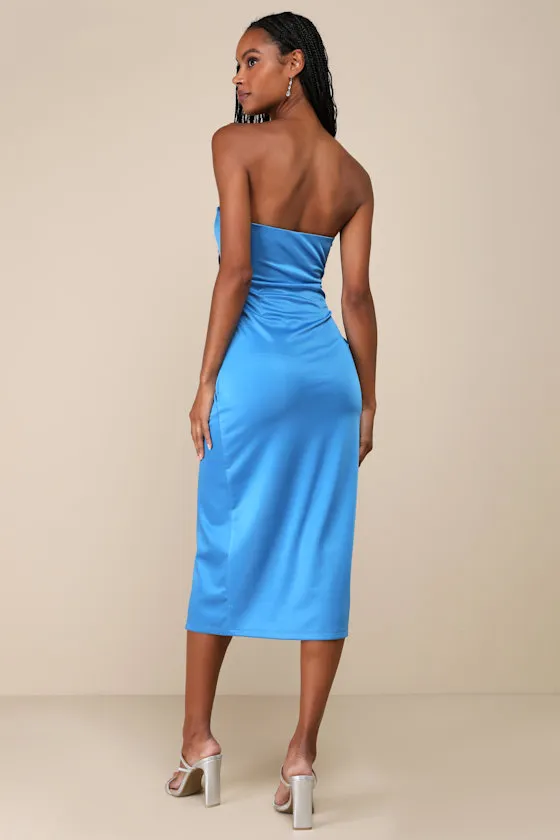 Elegant Status Bright Blue Knit Strapless Tulip Midi Dress sold by Lulus product image thumbnail 2