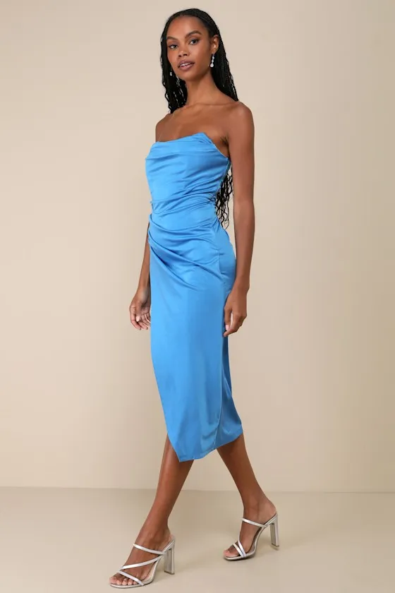 Elegant Status Bright Blue Knit Strapless Tulip Midi Dress sold by Lulus product image thumbnail 3
