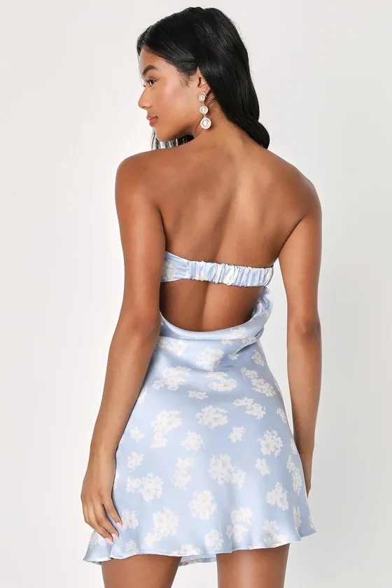 Sweet Status Light Blue Floral Satin Strapless Cutout Mini Dress sold by Lulus product image thumbnail 2