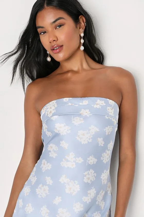Sweet Status Light Blue Floral Satin Strapless Cutout Mini Dress sold by Lulus product image thumbnail 4