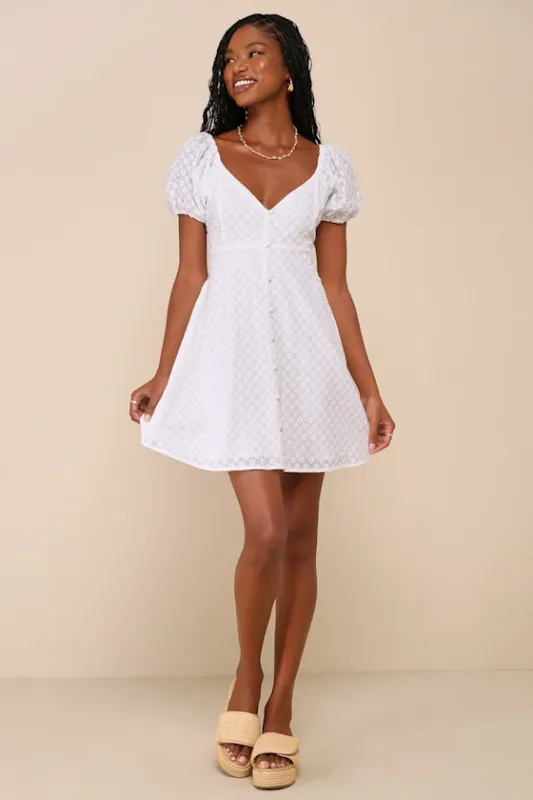 Everlasting Grace White Eyelet Puff Sleeve Mini Dress sold by Lulus