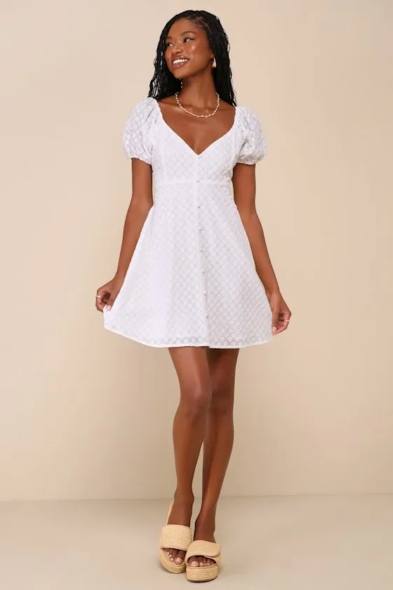 Everlasting Grace White Eyelet Puff Sleeve Mini Dress sold by Lulus