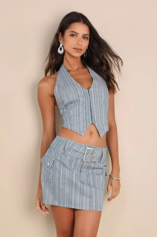 Sunny Theme Blue Striped Belted Cargo Mini Skirt sold by Lulus