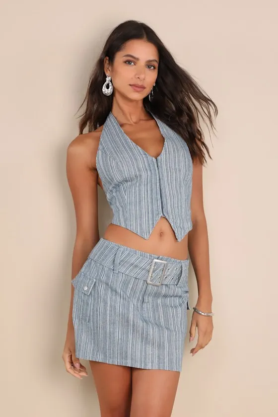 Sunny Theme Blue Striped Belted Cargo Mini Skirt sold by Lulus
