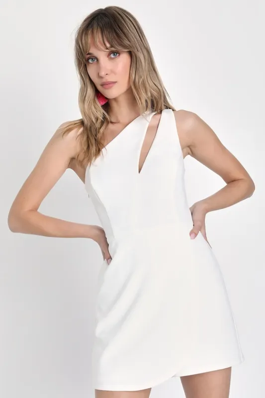 So Flirty White One-Shoulder Cutout Asymmetrical Skort Romper sold by Lulus