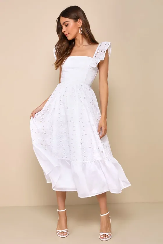 Gorgeous Memory White Eyelet Backless Ruffled Midi Dress sold by Lulus
