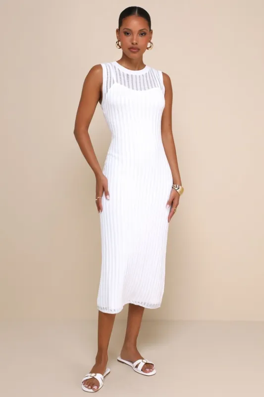 Effortlessly Sultry White Ribbed Knit Bodycon Midi Dress sold by Lulus