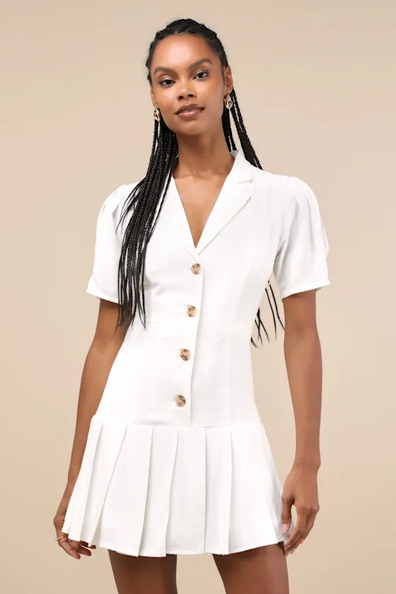 Endearing Attitude Ivory Collared Pleated Drop Waist Mini Dress sold by Lulus