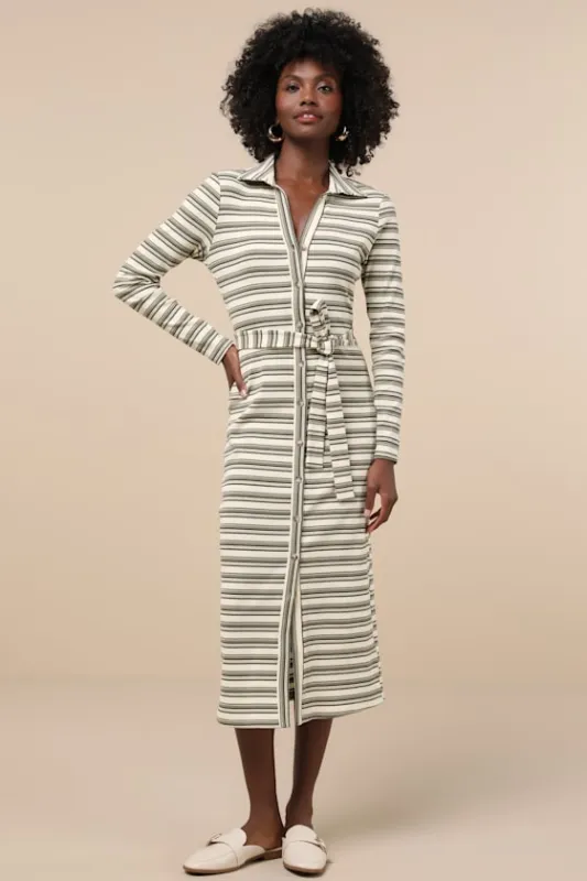 Favorite Potential Ivory and Olive Striped Ribbed Midi Dress sold by Lulus