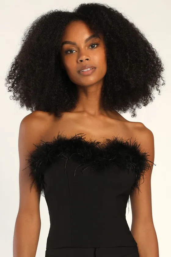 Flair for the Fabulous Black Feather Cropped Tube Top sold by Lulus