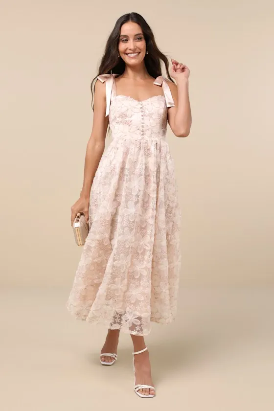 Precious Flair Blush Pink Sequin Floral Tie-Strap Midi Dress sold by Lulus