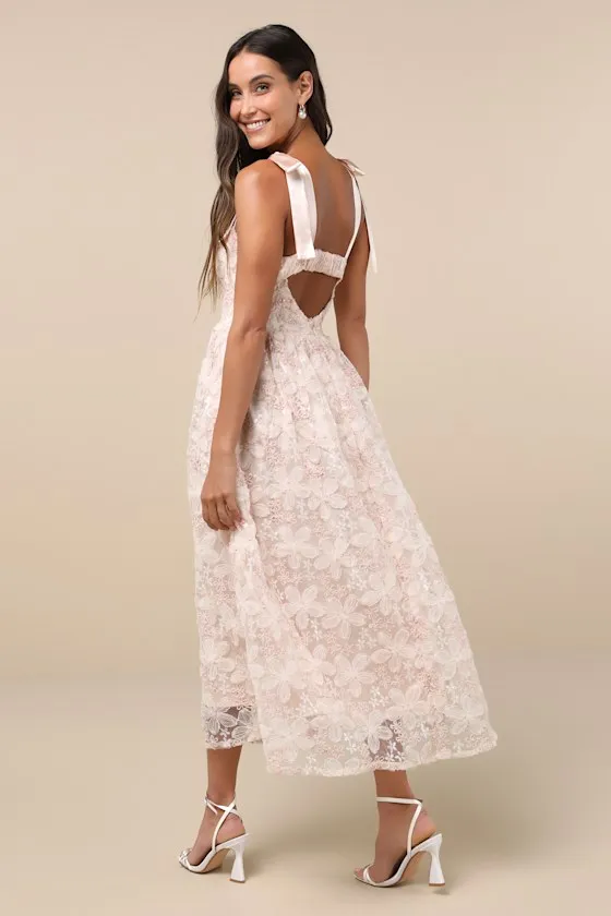Precious Flair Blush Pink Sequin Floral Tie-Strap Midi Dress sold by Lulus product image thumbnail 3