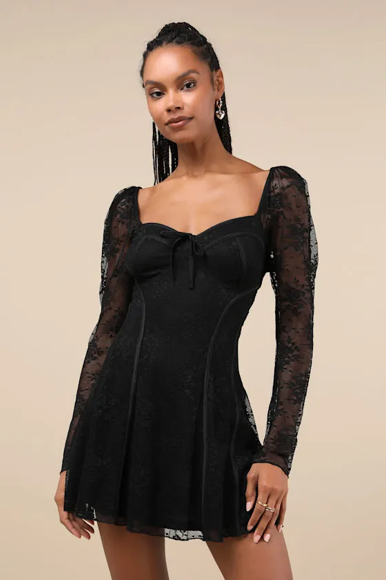 Flirty Adoration Black Lace Long Sleeve Seamed Mini Dress sold by Lulus