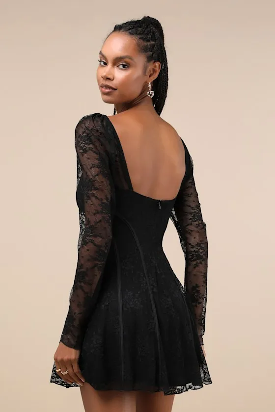 Flirty Adoration Black Lace Long Sleeve Seamed Mini Dress sold by Lulus product image thumbnail 3
