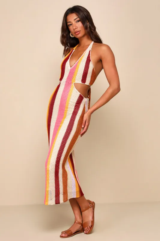 Sunny Destiny Beige Multi Striped Crochet Halter Midi Dress sold by Lulus