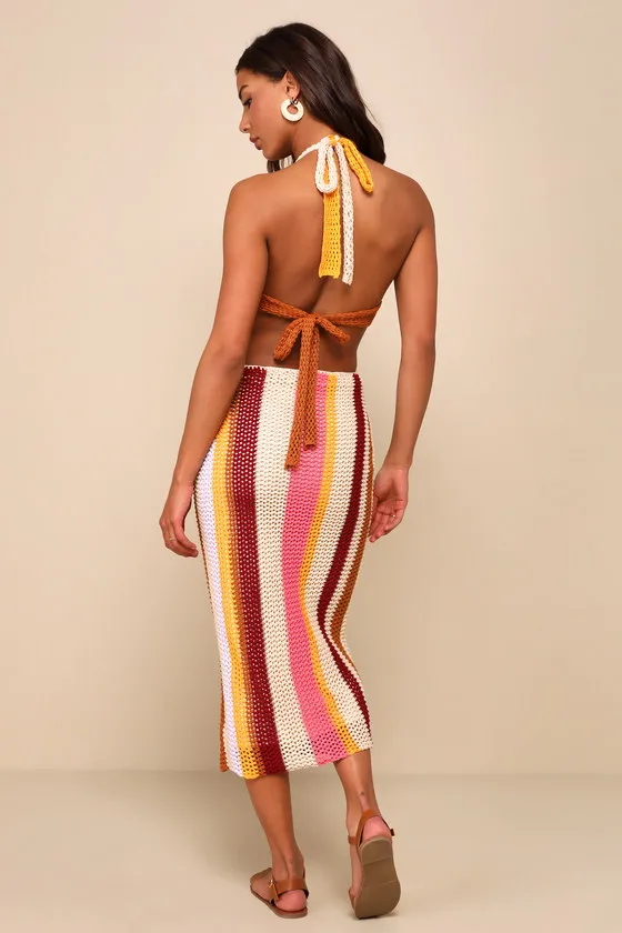 Sunny Destiny Beige Multi Striped Crochet Halter Midi Dress sold by Lulus product image thumbnail 2
