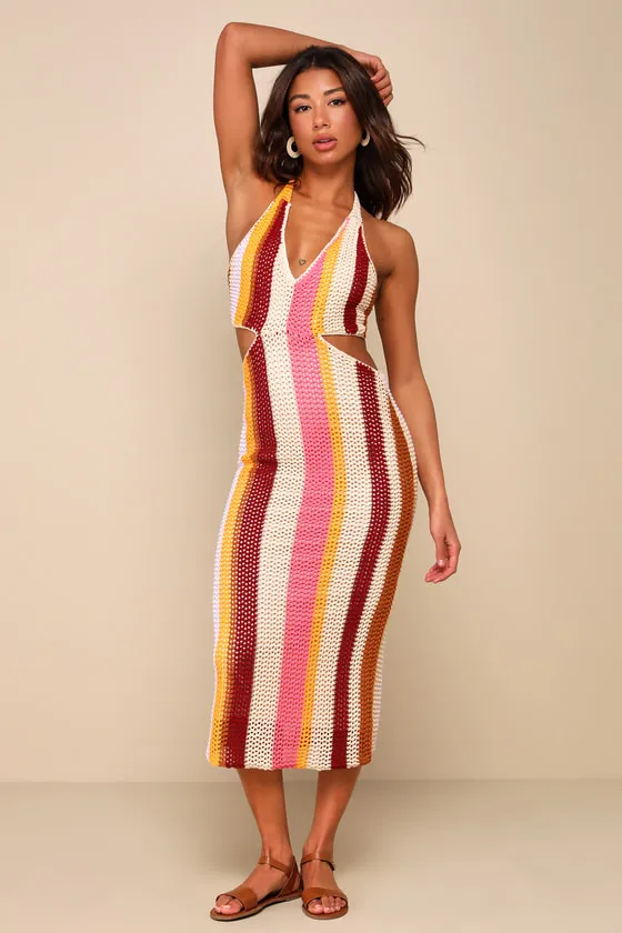 Sunny Destiny Beige Multi Striped Crochet Halter Midi Dress sold by Lulus product image thumbnail 3