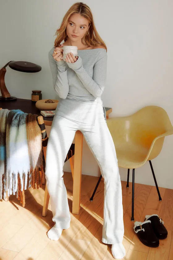 Blair Heather Grey Ribbed Flared Lounge Pants sold by Lulus