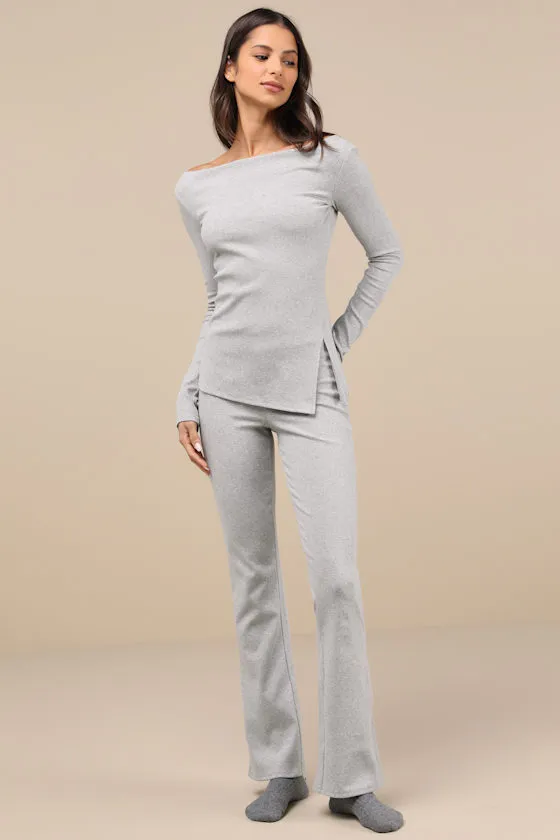 Blair Heather Grey Ribbed Flared Lounge Pants sold by Lulus product image thumbnail 2