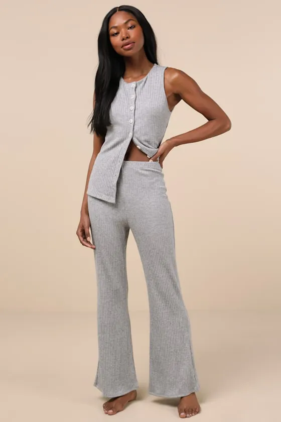 Raney Heather Grey Ribbed Knit Flare Lounge Pants sold by Lulus