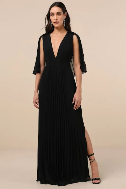 Majestic Aura Black Pleated Cape Maxi Dress sold by Lulus