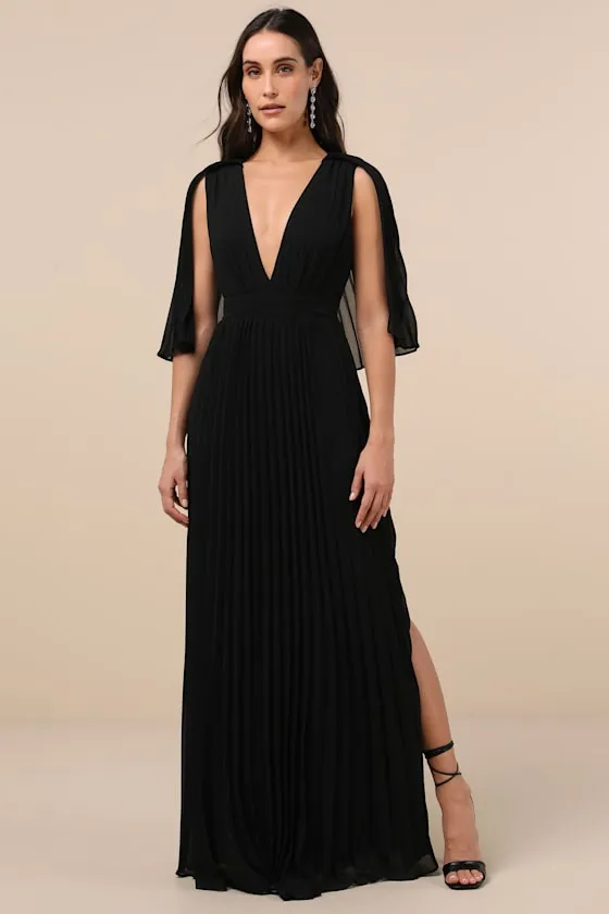 Majestic Aura Black Pleated Cape Maxi Dress sold by Lulus