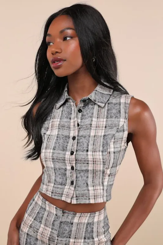 Convincingly Posh Grey Faded Plaid Button-Up Collared Crop Top sold by Lulus
