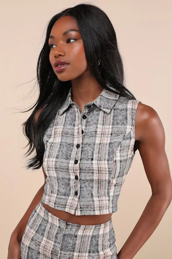 Convincingly Posh Grey Faded Plaid Button-Up Collared Crop Top sold by Lulus