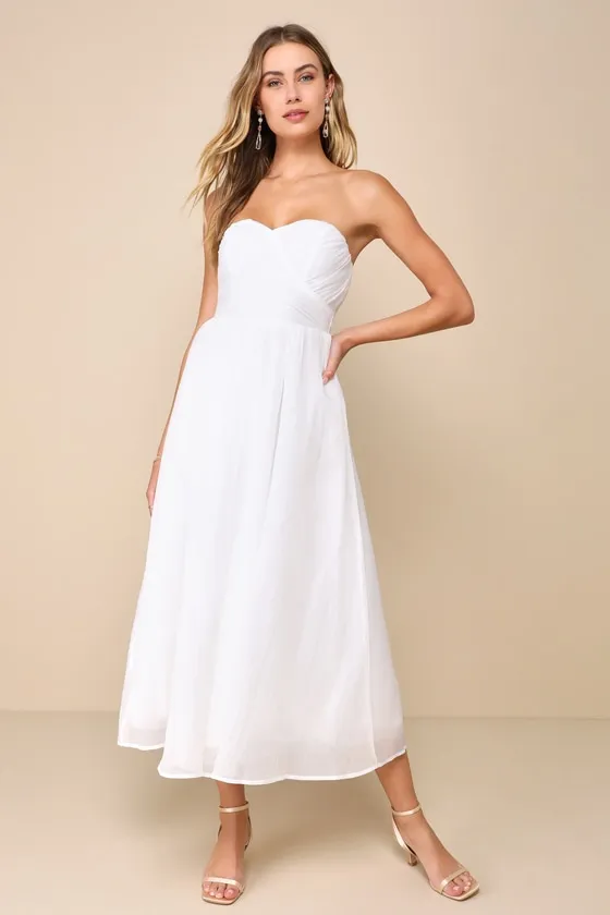 Fairytale Design White Organza Strapless A-Line Midi Dress sold by Lulus
