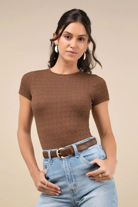 Decidedly Stylish Brown Textured Short Sleeve Backless Bodysuit sold by Lulus