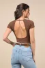 Decidedly Stylish Brown Textured Short Sleeve Backless Bodysuit sold by Lulus