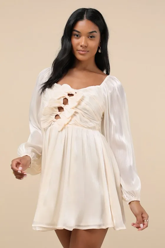 Playful Delight Champagne Bow-Front Long Sleeve Mini Dress sold by Lulus product image thumbnail 2