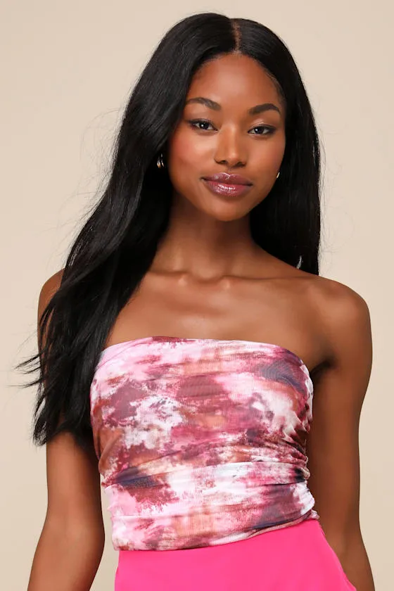Flirty Focus Pink Multi Abstract Print Mesh Strapless Crop Top sold by Lulus