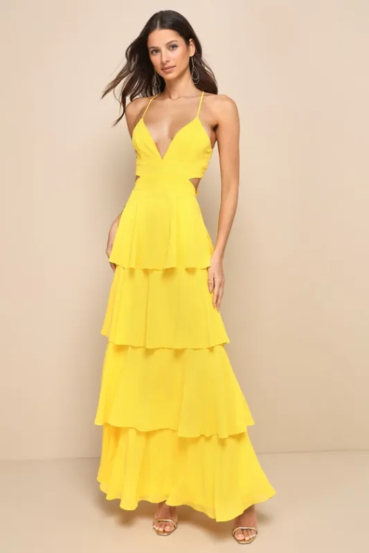 Tier and Now Yellow Tie-Back Tiered Maxi Dress sold by Lulus