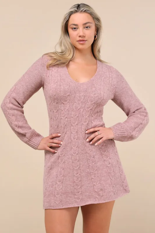Snuggly Chic Mauve Cable Knit Long Sleeve Sweater Mini Dress sold by Lulus