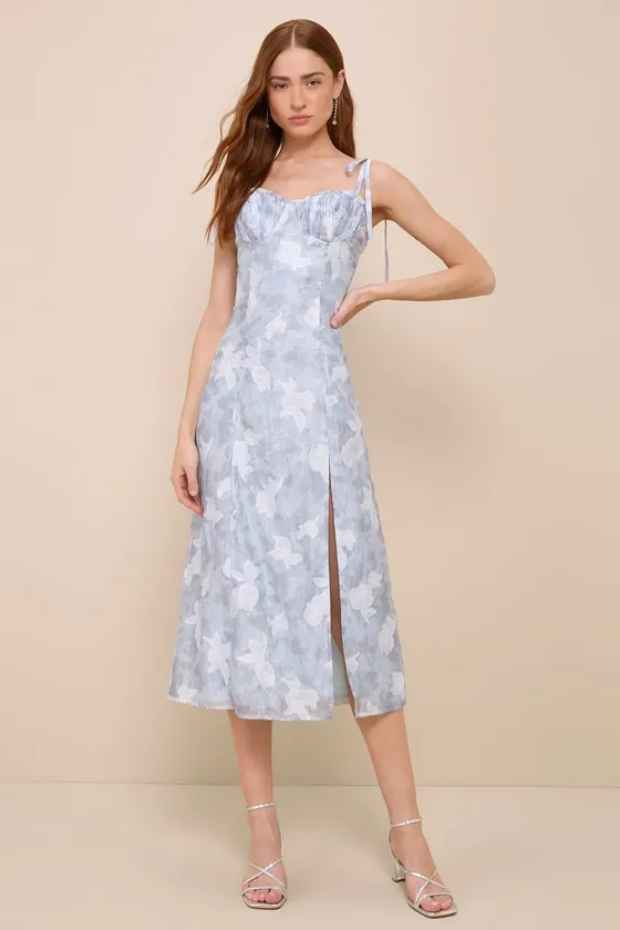Obviously Gorgeous Blue Floral Tie-Strap Bustier Midi Dress sold by Lulus